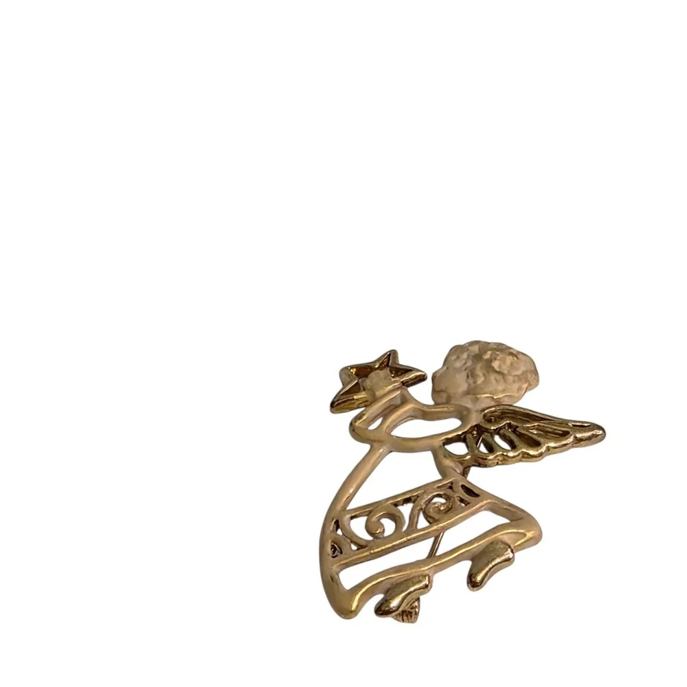Vintage Gold Tone Angel Holding‎ Star Brooch Pin Celestial Cherub Jewelry
